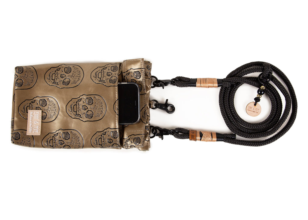 Wau-to-go Gassitasche, Modell  Goldskull, Kunstleder mit goldenem Totenkopfmotiv  - bei jedem Spaziergang alles dabei 