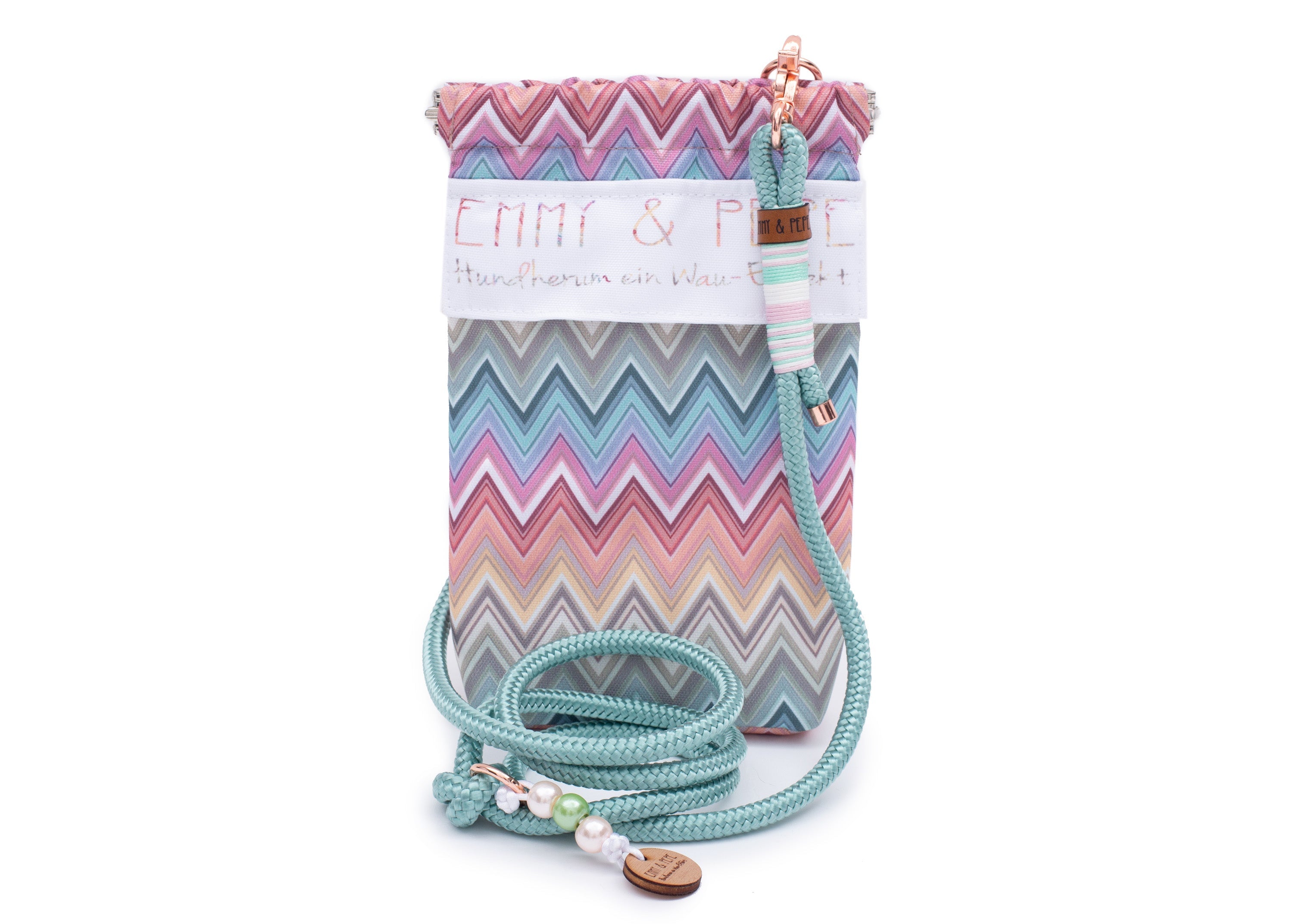 Gassitasche Wau-to-go Waussoni in ZickZack Muster in Pastellfarben mit Schultergurt und mehreren praktischen Fächern