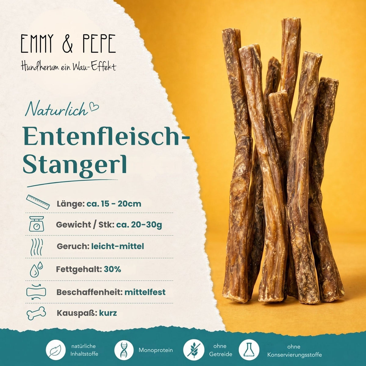 Wau-Stangerl Entenfleischstangerl getrocknet – Kauartikel für Hunde: 78,8 % Rohprotein, nur 6,1 % Fett, hypoallergene Proteinquelle für Hunde mit Geflügelallergie