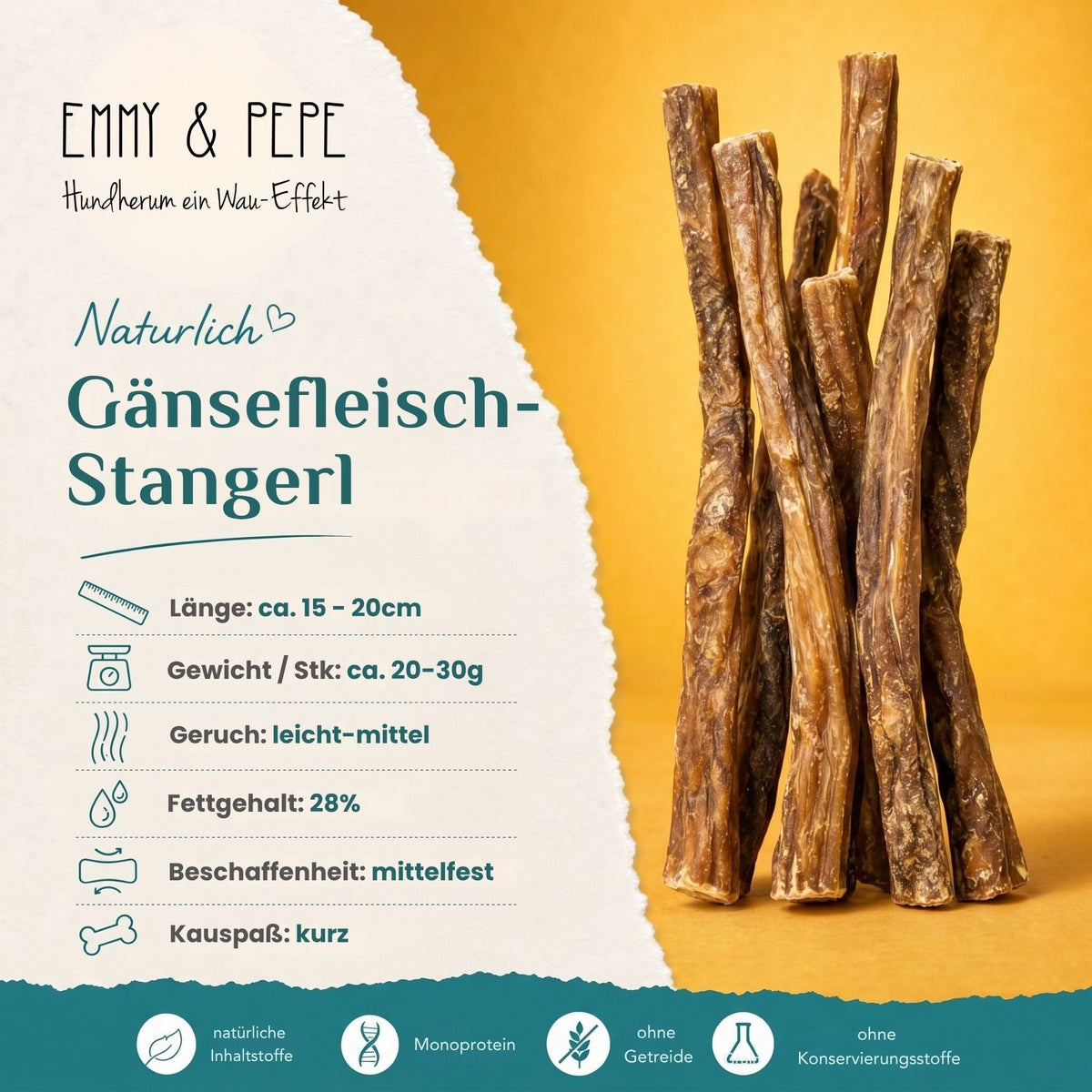Eigenschaften Gänsefleischstangerl – natürlicher Hundesnack, 44 % Protein, 24 % Fett, seltenes Geflügel, Gelegenheitssnack für Hunde | EMMY & PEPE