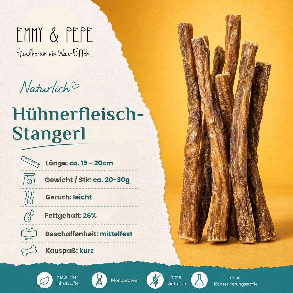 Wau-Stangerl Hühnerfleischstangerl getrocknet – Kauartikel für Hunde: 55,6 % Rohprotein, 19,9 % Fett, natürlicher Trainingssnack für Hunde aller Größen