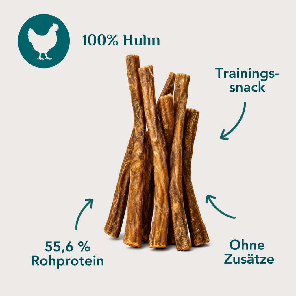 Wau-Stangerl Hühnerfleischstangerl freigestellt – 100 % Huhn, 55,6 % Rohprotein, magerer Trainingssnack, schonend getrocknet, ohne Zusätze