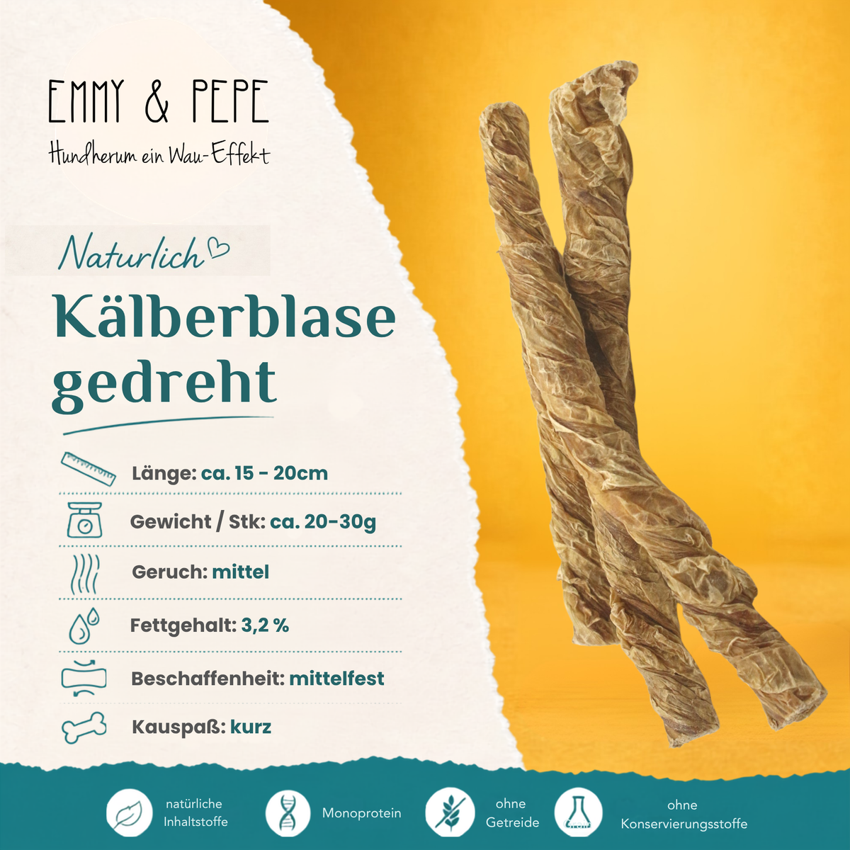Eigenschaften Kälberblase gedreht – natürlicher Hundesnack  3,2 % Fett, täglich einsetzbar | EMMY & PEPE
