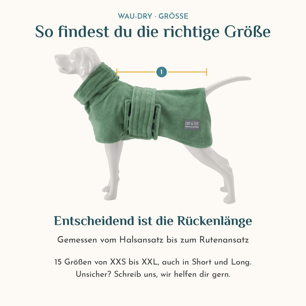 Wau-Dry Größe finden: Rückenlänge vom Halsansatz bis zum Rutenansatz messen, 15 Größen inkl. Short und Long