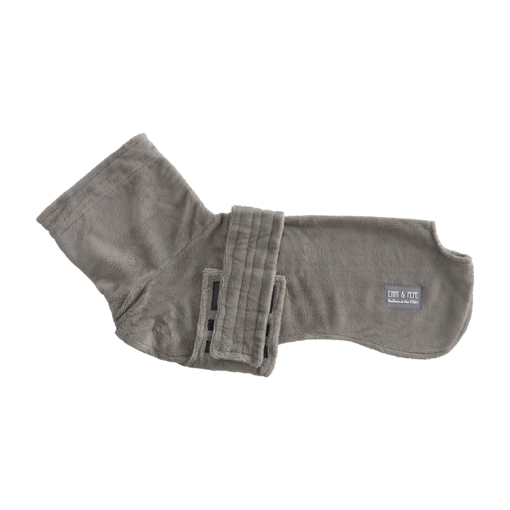 Wau-Dry Taupe ausgebreitet: Bauchgurt mit Spezial-Klettverschluss und extralanger Kragen